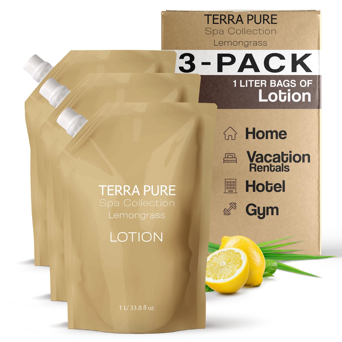 Terra Pure Spa Collection 1 Liter Lotion Refill Bag for Soap Dispensers | Bulk Toiletries for Vacation Rentals and Home Bathroom Showers | Green Tea Lemongrass | Set of 3