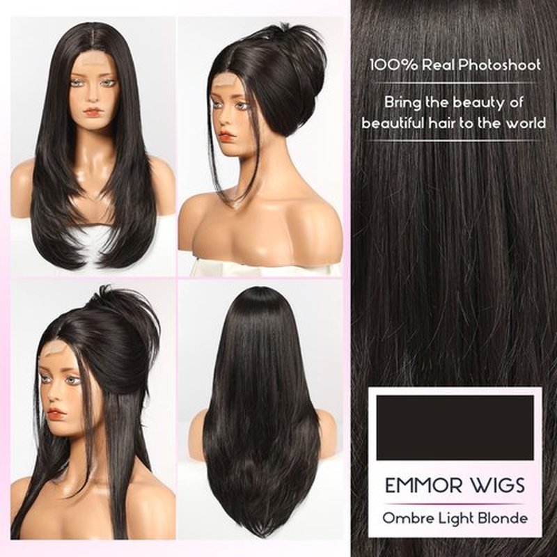 EMMOR Long Layered Wigs,Natural Central Lace Bob, Premium Heat-Resistant Synthetic Straight Wigs for Women Daily Use(Natural Black)