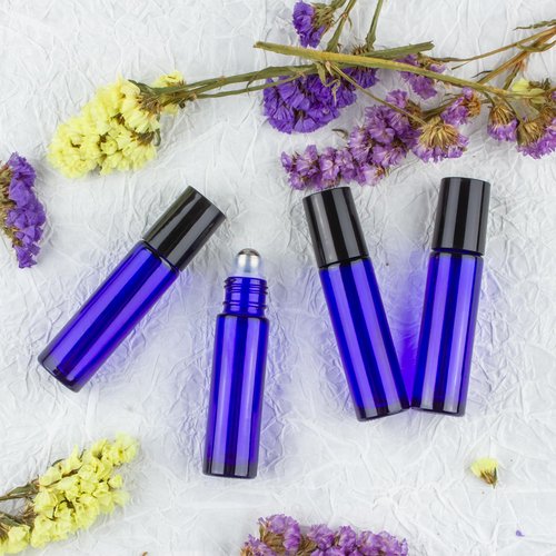 ZEJIA 10ml roller bottles for essential oils, 6 Pack Roll on Bottles, Cobalt Blue Thick Glass Roller Bottles for Oils, with Stainless Steel Roller Balls, 2 Droppers