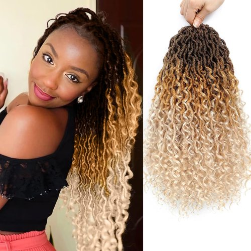 Alicoco Goddess Locs Crochet Hair 14 Inch 8 Packs Faux Locs Crochet Hair For Women Boho Soft Locs Pre-looped River Crochet Locs With Curly Ends (14 Inch (Pack of 8), 4/27/613)