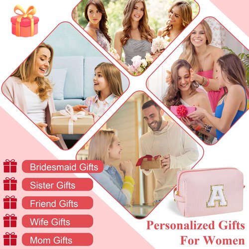 YOOLIFE Birthday Gifts for Girls Teen Girls, Travel Cute Makeup Bag Make Up Bag Cosmetic Bags for Women Preppy Makeup Bag, Stocking Stuffers for Girls Women Teen Girlfriend Mom Sister Pink Initial A