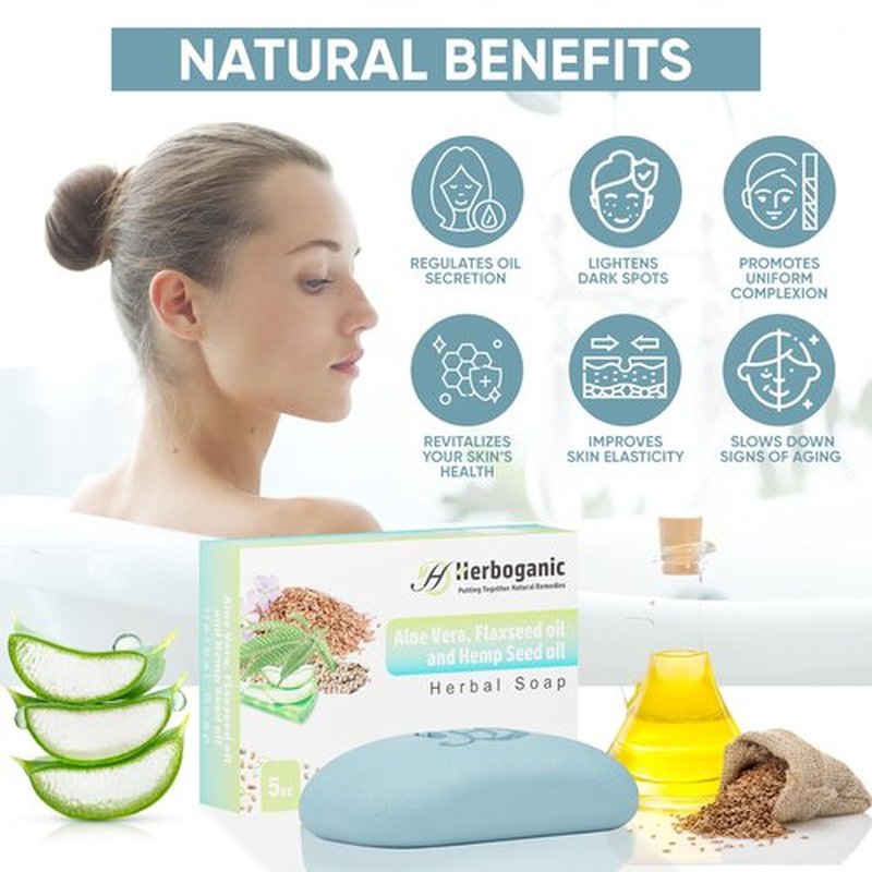 HERBOGANIC Aloe Vera Flaxseed and Hemp seed Herbal Soap | Pack of 3 of 5oz soap Bar | Natural Bar Soap for Face and Body | Hydrating and Nourishing | Suitable for Men and Women