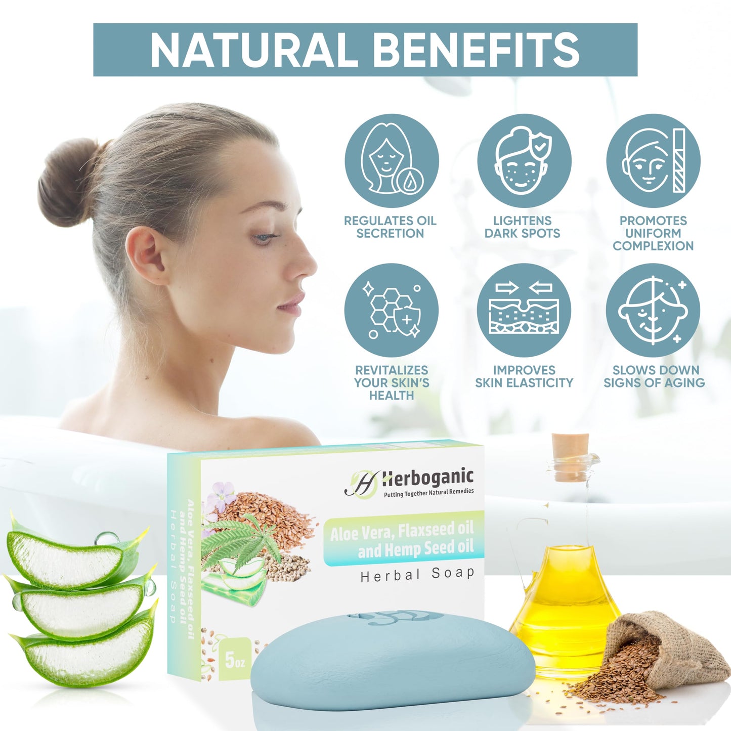 HERBOGANIC Aloe Vera Flaxseed and Hemp seed Herbal Soap | Pack of 3 of 5oz soap Bar | Natural Bar Soap for Face and Body | Hydrating and Nourishing | Suitable for Men and Women