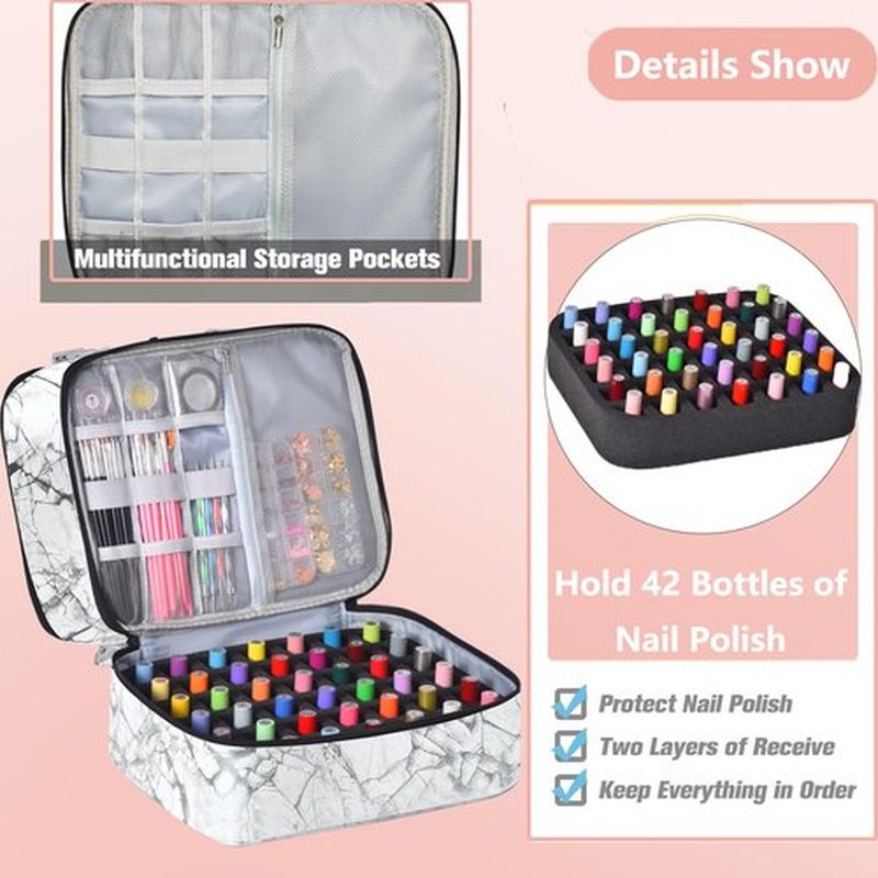 FCQQYWZ Nail Polish Organizer Case - Holds 42+ Bottles (15ml/0.5 fl.oz) and 1 Nail Lamp, Upgraded Double-layer Nail Polish Carrying Case Nail Polish Storage Bag with Handles (White)