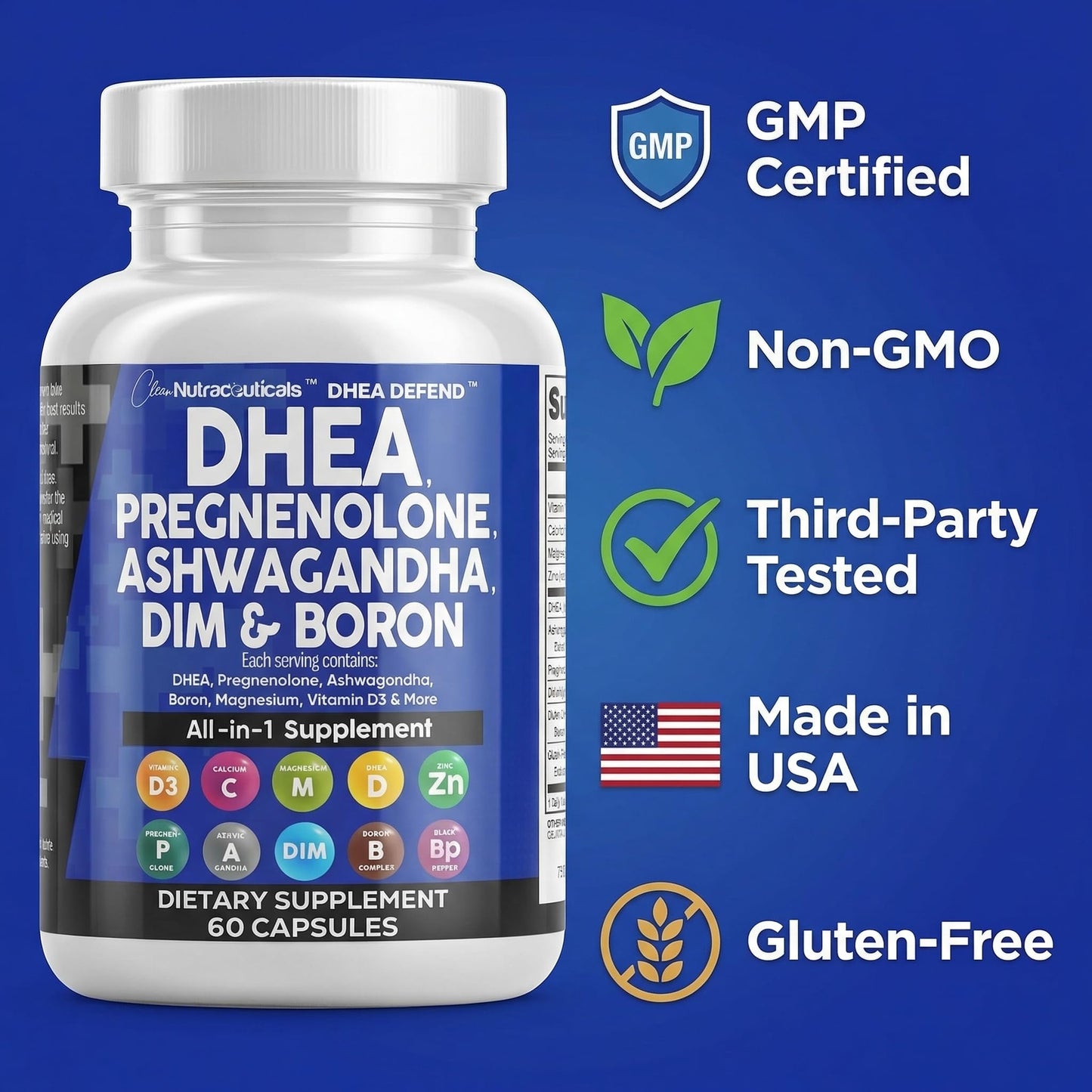 DHEA 200mg Supplement Pregnenolone 100mg for Men & Women with DIM Ashwagandha Boron 6mg Complex Calcium Magnesium Zinc 50mg Vitamin D3 5000 IU Hormone Support Capsules Pills Made in USA 60 Count