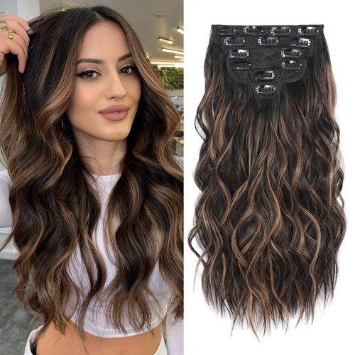 Fliace Clip in Hair Extensions, 6 PCS Natural & Soft Hair & Blends Well Lonng Wavy Hairpieces(20inch, 6pcs, Black&Dark mix light brown)