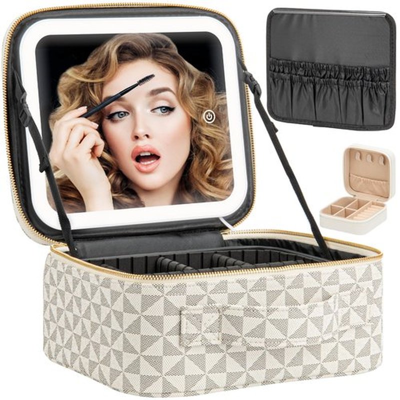 Extrei Gent Makeup Travel Train Case with Mirror LED Light 3 Adjustable Brightness Cosmetic Bag Portable Storage Adjustable Partition Waterproof Makeup Brushes Makeup Jewelry Gift for Women