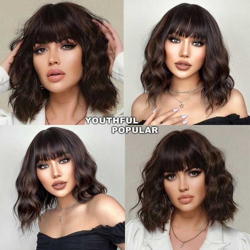 Amarlis 14 Inch Brown Highlight Bob Wig with Bangs for Women, Natural Looking Heat Resistant Synthetic Bob Wigs for Daily Party Use