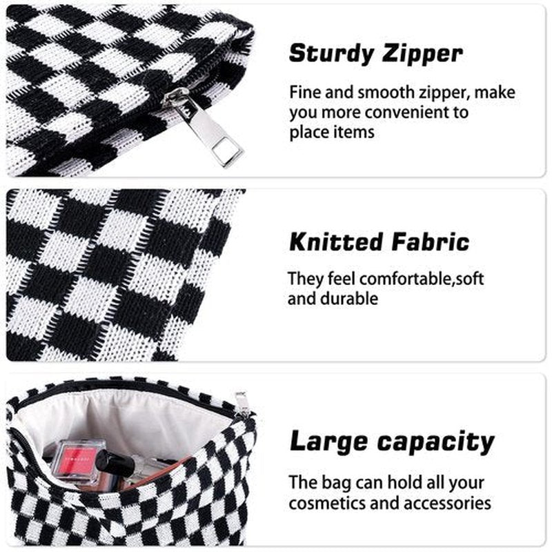 ZLFSRQ 3Pcs Checkered Makeup Bag for Women Large Cosmetic Bag Set Travel Toiletry Bag Makeup Pouch Bag for Purse Black Zipper Storage Bag Organizer Cute Small Aesthetic Girls Car Essentials Bag