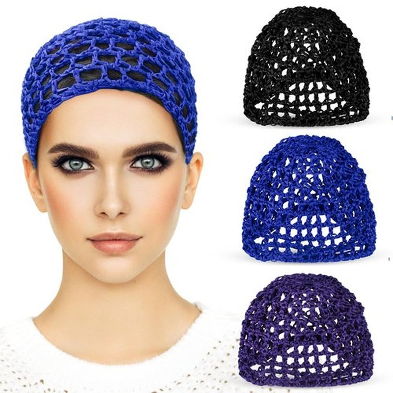 Etercycle 3 Pieces Mesh Crochet Hair Net Snoods for Women, Soft Rayon Knit Crochet Hairnet Hair Cover Accessory for Sleeping (Black, Purple, Blue)