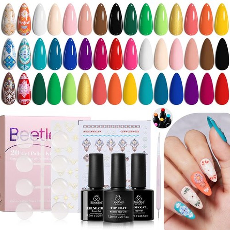 Beetles Gel Nail Polish Set, 27 Pcs 20 Colors Nude Pink White Red Green Neutral Gel Polish Kit with Base Coat Matte Glossy Top Coat Gel Soak Off UV Pen Stickers DIY Manicure Tools Gifts for Women
