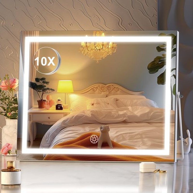 Hasipu Vanity Mirror with Lights, 17.7" x 13.8" LED Makeup Mirror with 10X Magnification, Smart Touch 3 Colors Dimmable, Brightness Adjustment, 360° Rotation, White