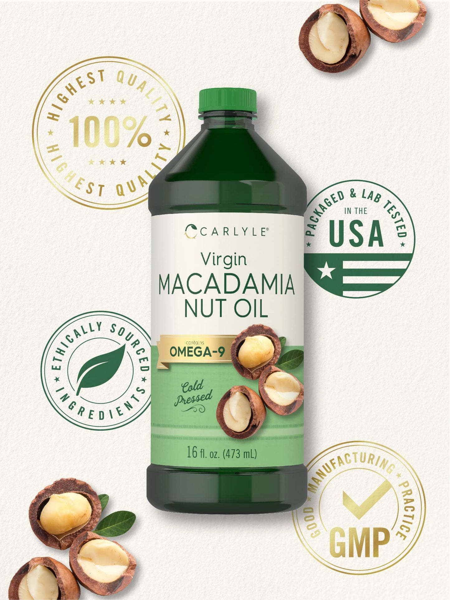 Carlyle Macadamia Nut Oil | 3 x 16 fl oz Bottles | Virgin Cold Pressed with Omega-9 | Food Grade for Cooking | Great for Hair and Skin | Vegetarian, Non-GMO & Gluten Free