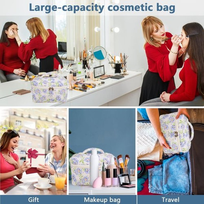 Large Makeup Bag, Cute Cosmetic Bag for Women Girls, Floral Coquette Aesthetic Toiletry Bag, Travel Make Up Organizer Bag (light blue)