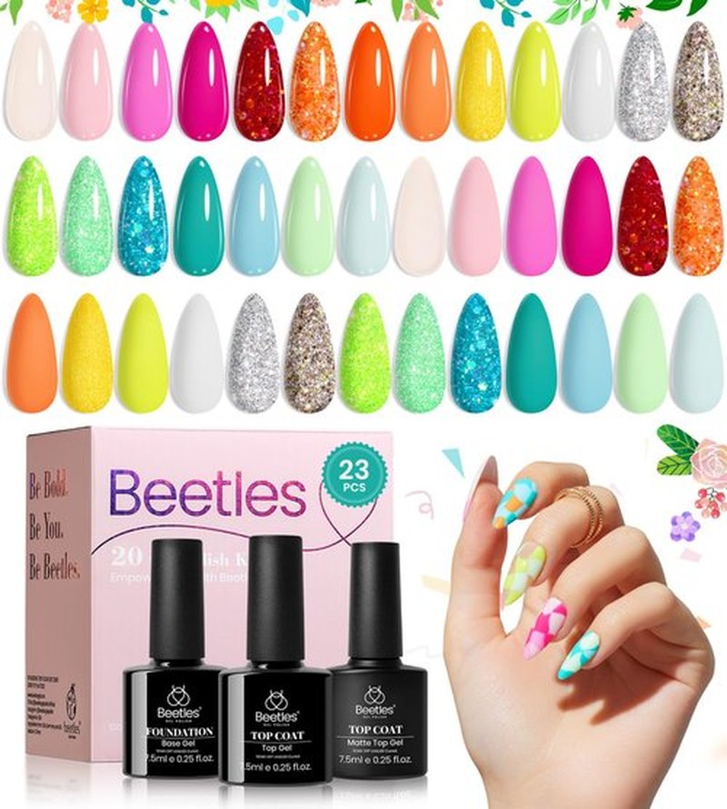 Beetles Neon Gel Nail Polish Set - 23 Pcs Glitter Hot Pink Yellow Orange Blue Clear Sparkle Soak Off UV Gel with Base Glossy&Matte Top Coat Gel Nail Polish DIY Manicure Rainbow Nails Gift for Women