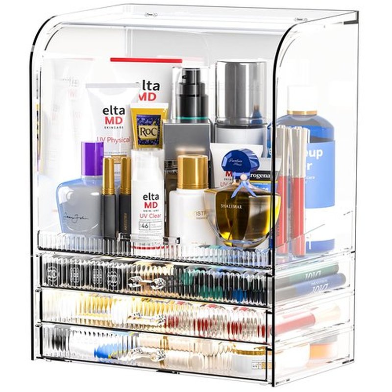 Clear Makeup Organizers for Vanity With Dustproof Lid,Large Capacity Skincare Organizer and Bathroom Counter Organizer With 3 Drawers For Cosmetics,Lotion,Beauty Product Dresser Top Organizer Case