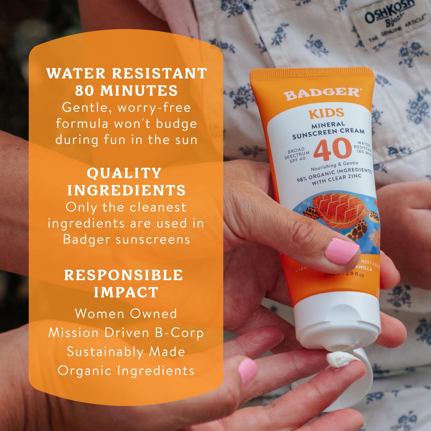 Badger Kids Mineral Sunscreen Cream SPF 40, 98% Organic Ingredients, Zinc Oxide Sunscreen for Kids Face & Body, Water Resistant, Reef Friendly, Hawaii Approved Sunblock, 2.9 fl oz, 2-Pack