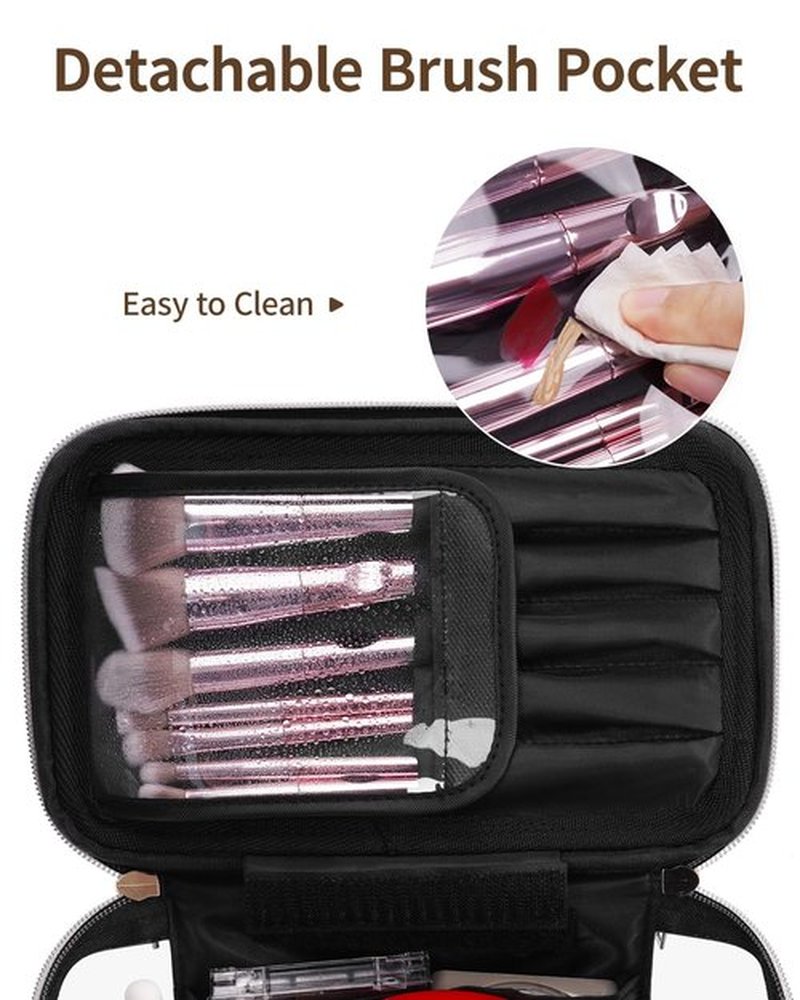 Wandering Nature Clear Makeup Bag,Transparent Makeup Case,Wide Opening Make up Bag, Travel Make Up Organizer Cosmetic Brush Bags for Women with Divider and Brush Compartment, Black(Patent Pending)