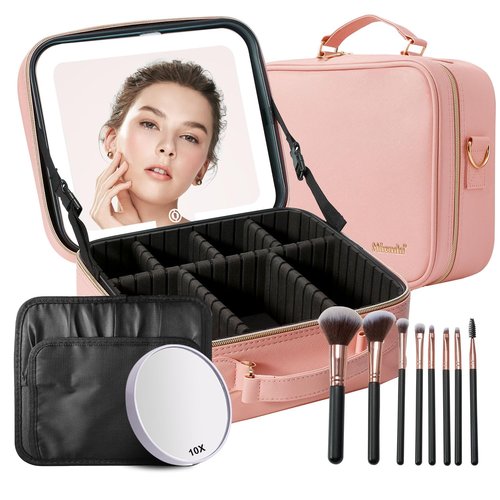 Mocado Travel Makeup Bag with LED Lighted Mirror,Travel Makeup Organizer,Makeup Case with 8 Makeup Brushes and 10x Magnifying Mirror,3 Colors Lighting, Adjustable Dividers Makeup Box(Pink)