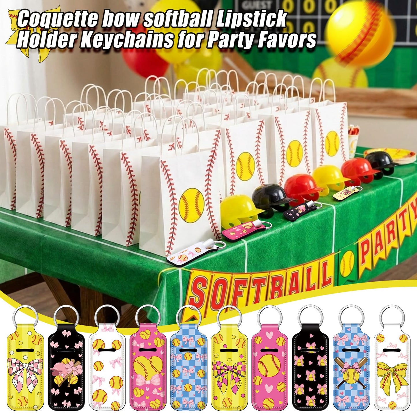 Ctosree 20 Pcs Coquette Softball Party Favors Lipstick Holder Keychains Bulk Softball Bow Lip Balm Holder Keychain Sport Ball Team Gifts Bulk for Sports Team Fans Birthday Party Supplies