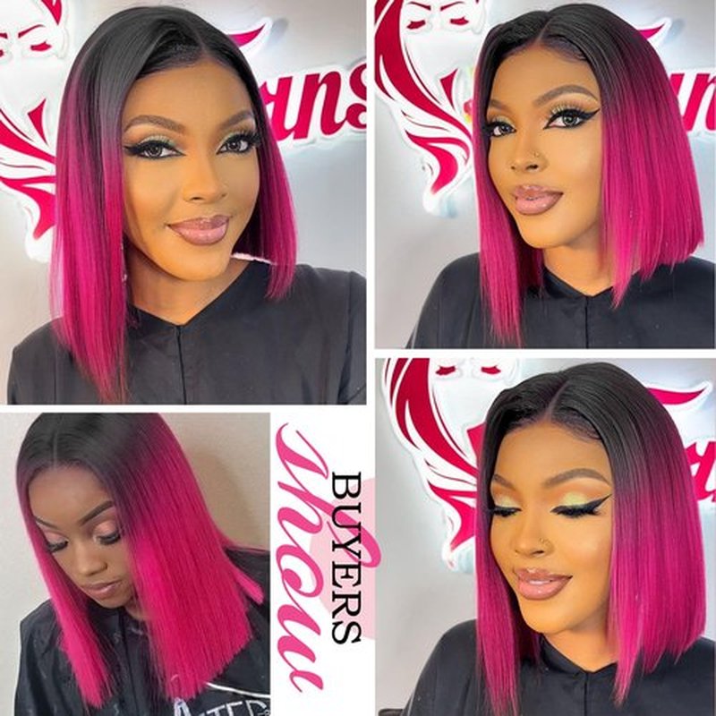 HANNE Ombre Hot Pink Wig Straitht Hair Bob Wig Short Straight Hair Pink Ombre Wig for Women Shoulder Length Heat Rsistant Synthetic Bob Wig for Daily or Party Use (Black to Pink)