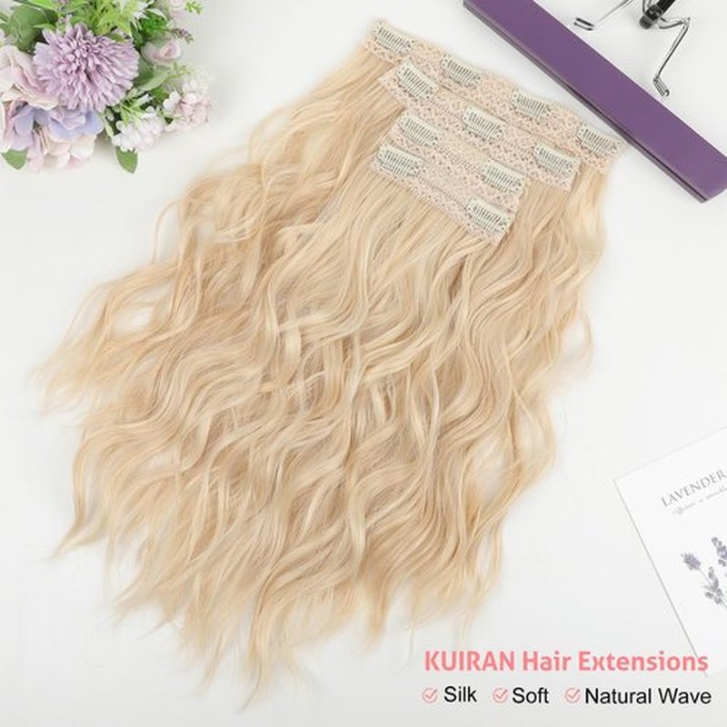 KUIRAN Hair Extensions, Clip in Hair Extensions 14" Short Curly Wavy Dark Brown Hair Extensions 4PCS Hair Extensions Invisible Lace Weft Natural Soft Hairpieces for Women - Light Blonde