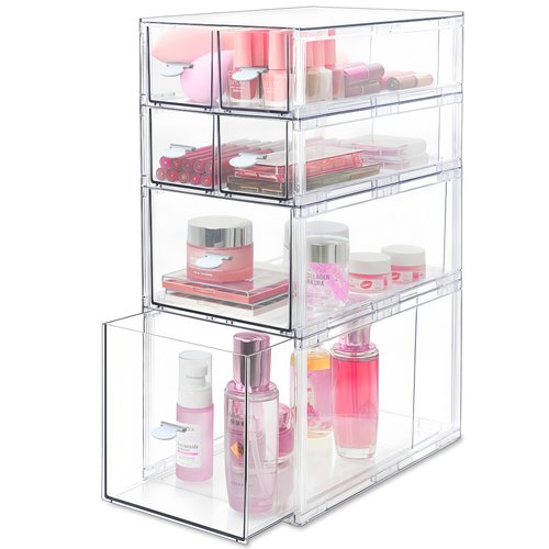 Spaclear Stackable Makeup Organizer, Acrylic Vanity Organizer with 6 Drawers, Large Capacity Cosmetic Display Case, Vanity Organizer Countertop, Bathroom Organizers and Storage, Kitchen Organization