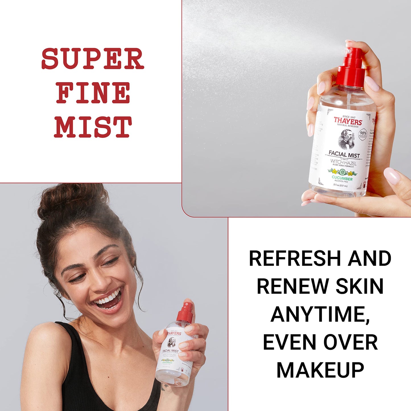 THAYERS Alcohol-Free Witch Hazel Facial Mist Toner with Aloe Vera, Cucumber, 8 Ounce (Pack of 2)