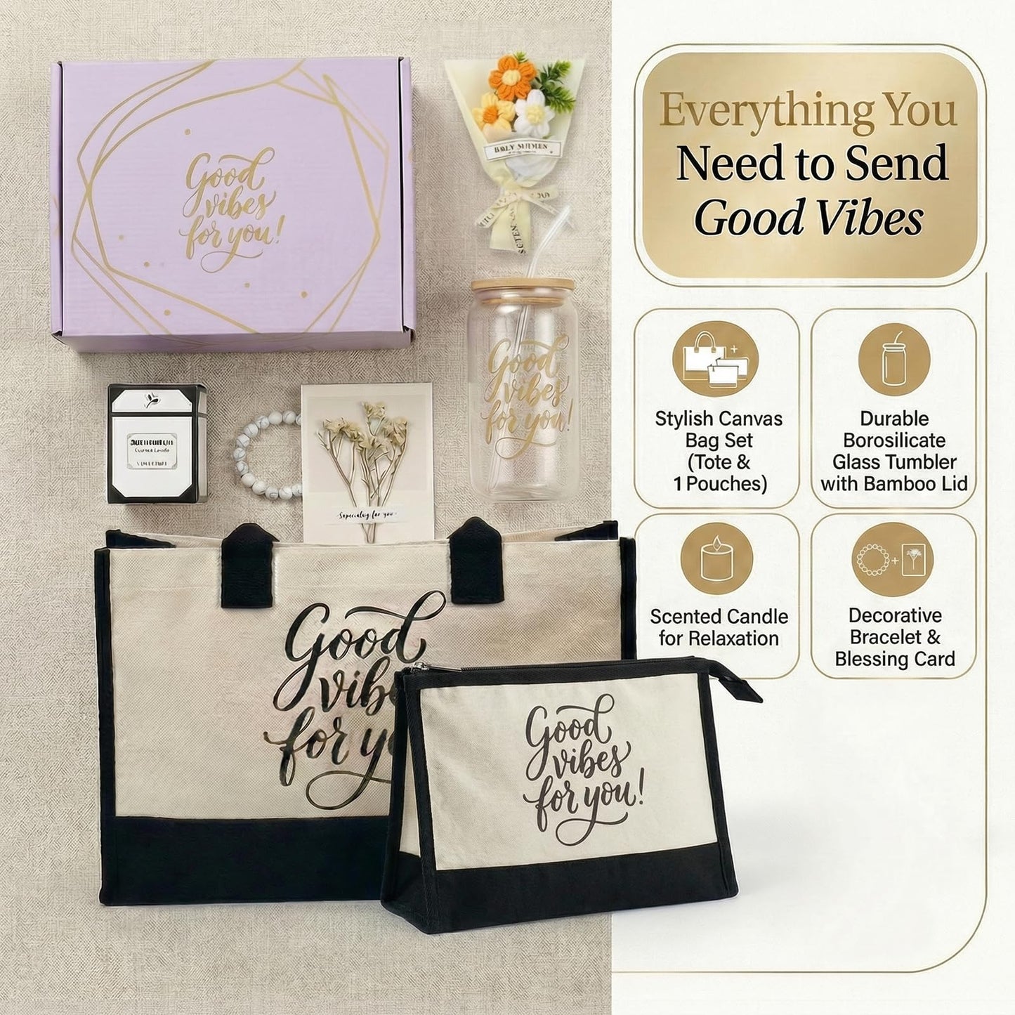Birthday Gifts for Women 8PCS, Self Care Spa Gift Basket for Mom Wife Sister Friend, Relaxation Gift Box with Canvas Tote Bag Pouch Glass Cup Candle Bracelet Sunflower Bouquet Card