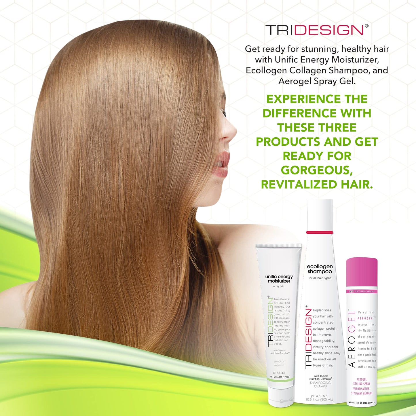 TRI Design Shampoo, Conditioner and Hair Finishing Spray Set - Includes Aerogel Spray Gel 10.5 oz., Ecollogen Collagen Shampoo 10.5 oz. and Unific Energy Moisturizer 6 oz., for All Hair Types