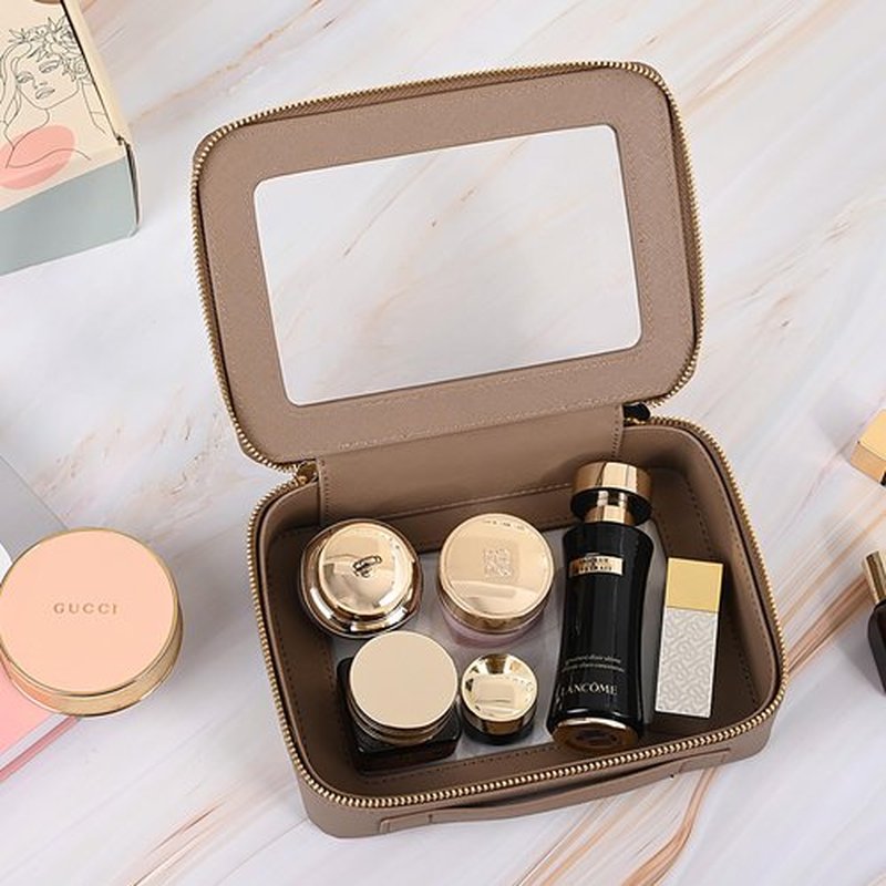 Aveniee Clear Makeup Bag for Women, Clear Cosmetic Case Travel Toiletry Bag, Heavy Duty Make up Bag Organizer with Clear Windows & Gold Zippers(Taupe)