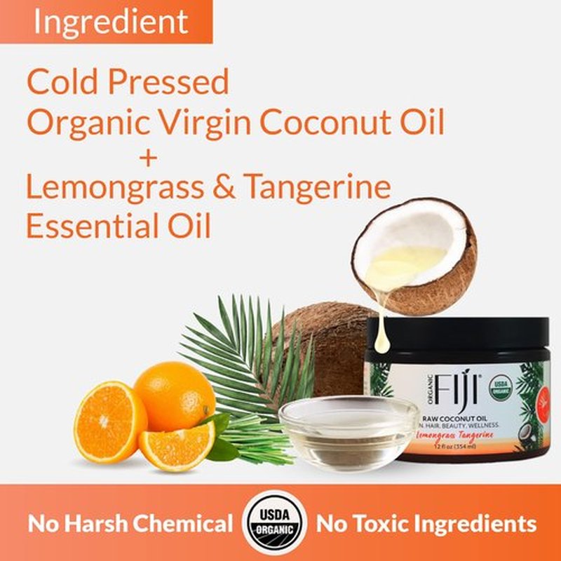 Organic Fiji Raw Cold Pressed Coconut Oil for Hair, Skin, Face & Body | Relaxing Massage Oil | Lemongrass Tangerine,12 oz for Women Men & Baby