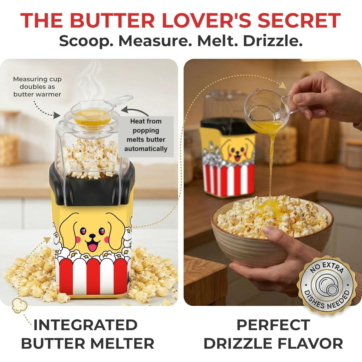 Fun Popcorn Machine Air Popper – Hot Popcorn Maker Air Popper Electric with Butter Melting Tray – Mini Electric Maker - Dog Mom Gifts for Women, Home, Kids Movie Night - Oil Free Snacks