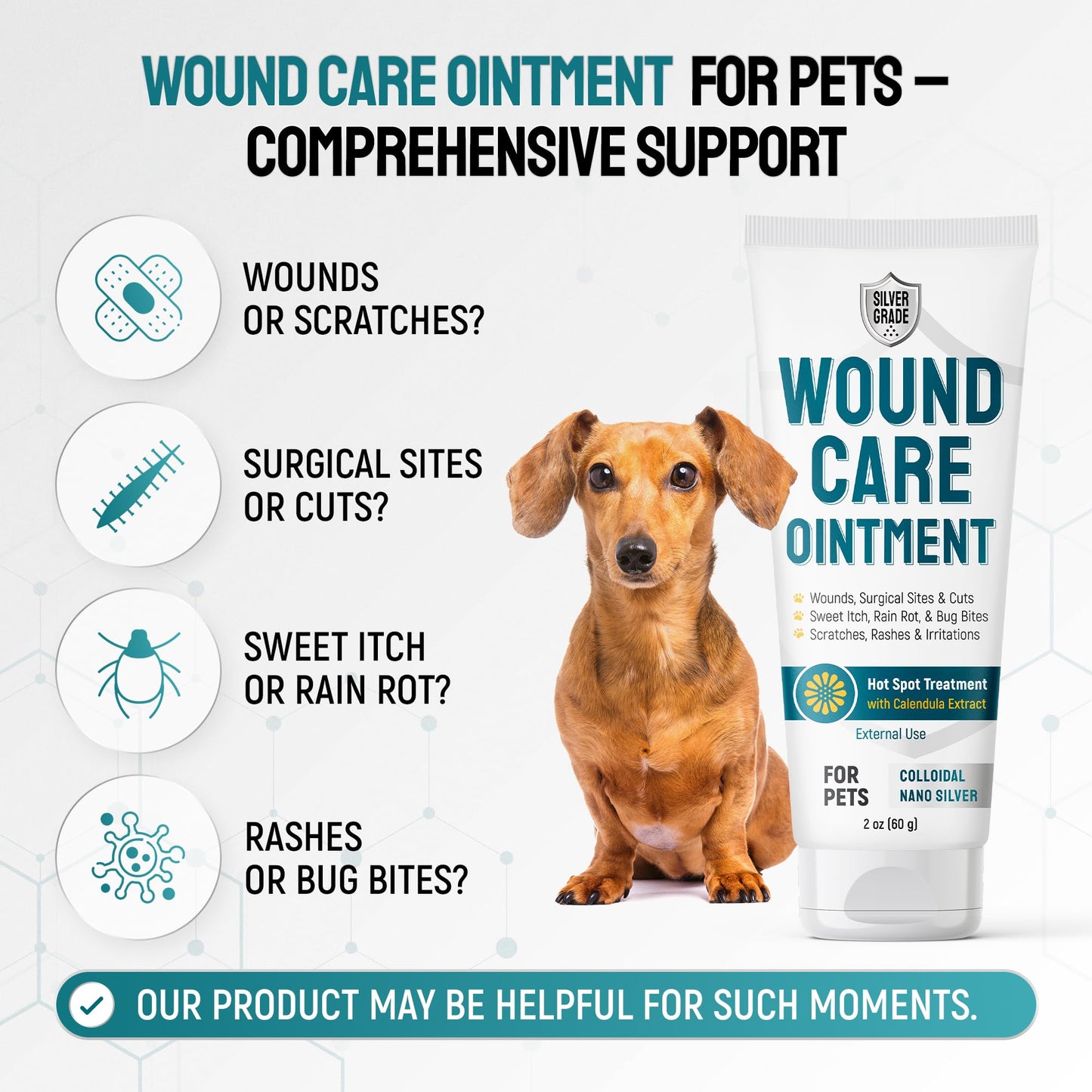 SILVER GRADE Dog Wound Care Ointment with Silver & Calendula for Scratches, Irritations, Bites – Feline & Canine Hot Spots Treatment in a Gel Form – Wound Antibiotic Ointment for Dogs & Cats – 2 Oz