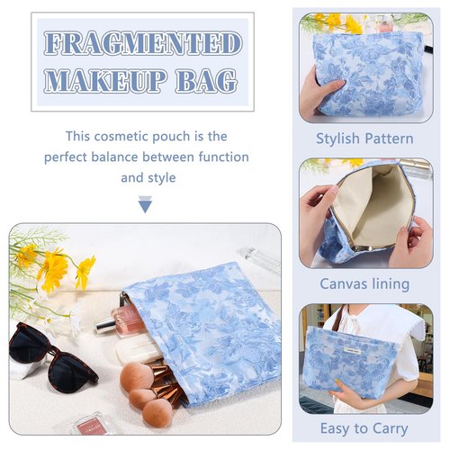 ZLFSRQ Flower Makeup Bag Travel Cute Floral Cosmetic Bags for Women Large Makeup Pouch Zipper Cosmetic Pouch for Purse Aesthetic Embossed Blue Makeup Organizer Bag Portable Toiletry Bag