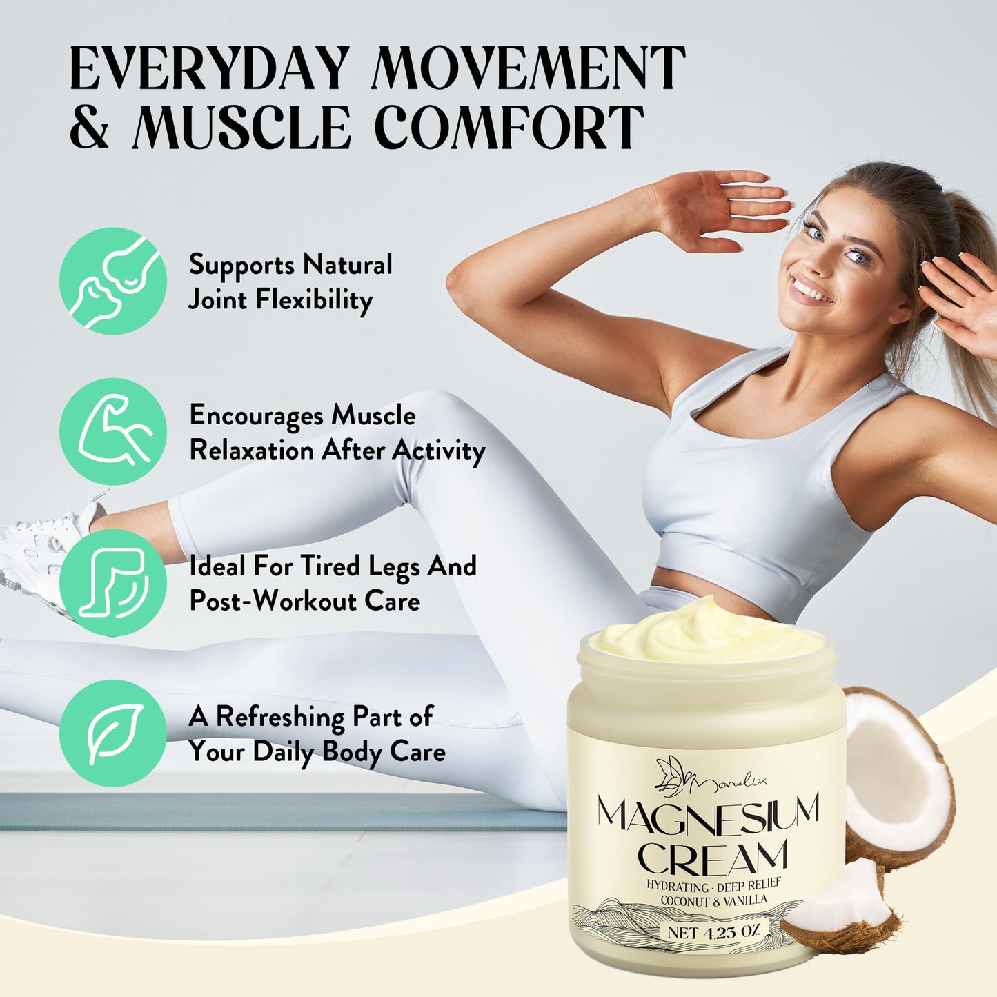 Manelix Magnesium Cream for Sleep - Topical Magnesium for Women, Muscle Relaxation, Calm, Moisturizing with Coconut Oil, Shea Butter & Hyaluronic Acid, 4.23 OZ, Safe for Kids (4.23 Ounce, Coconut)