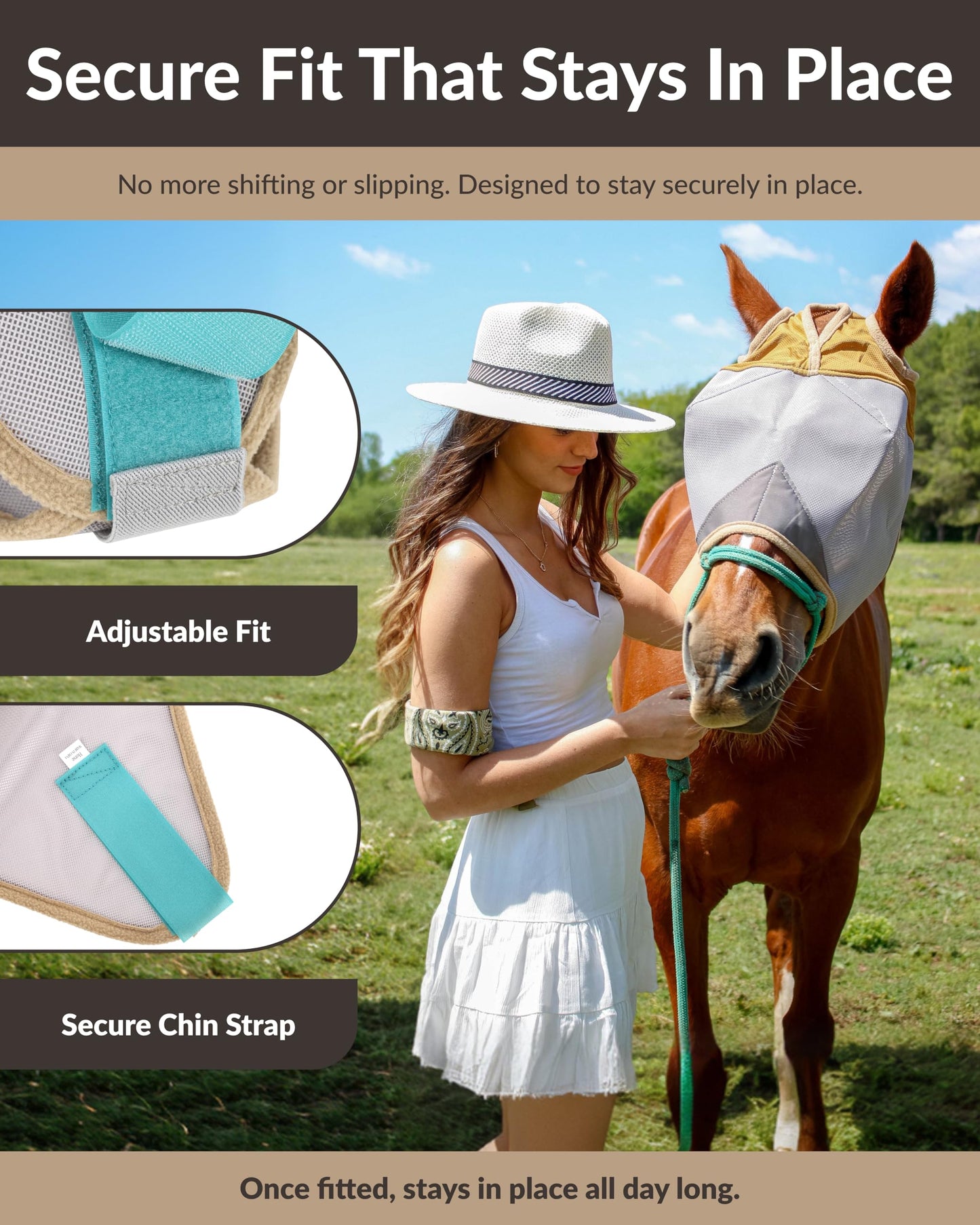 TSZ Horse Fly Mask Standard No Ears - UV Block 70% Breathable Soft Fleece Padding Fly Masks for Horses Flymask Durable Fly Control Comfortable Adjustable Straps All-Day for Equines