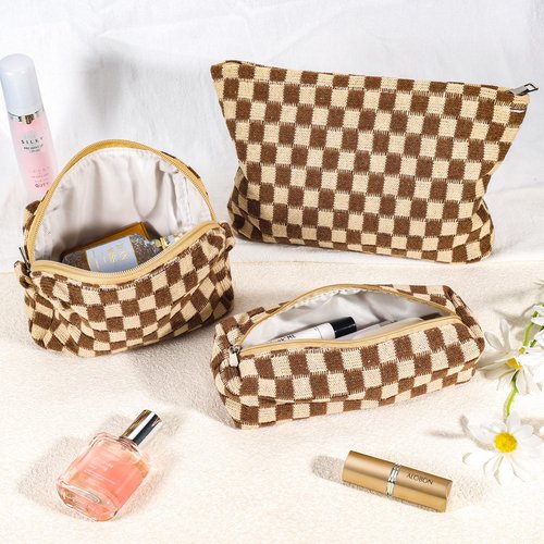 ZLFSRQ 3Pcs Checkered Makeup Bag for Women Large Cosmetic Bag Set Travel Toiletry Bag Makeup Pouch Bag for Purse Brown Zipper Storage Bag Organizer Cute Small Aesthetic Girls Car Essentials Bag