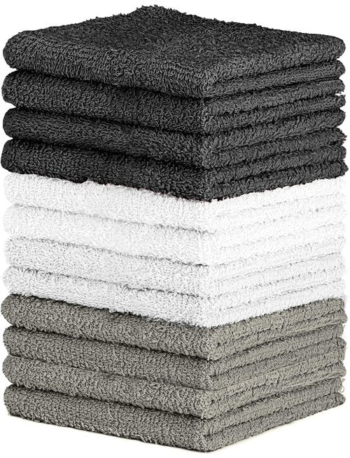 QUBA LINEN 100% Cotton - Wash Cloth Set - Pack of 24, Flannel Face Cloths, Highly Absorbent and Soft Feel Fingertip Towels (Dark Grey, White and Light Grey, 12x12 Pack of 12)