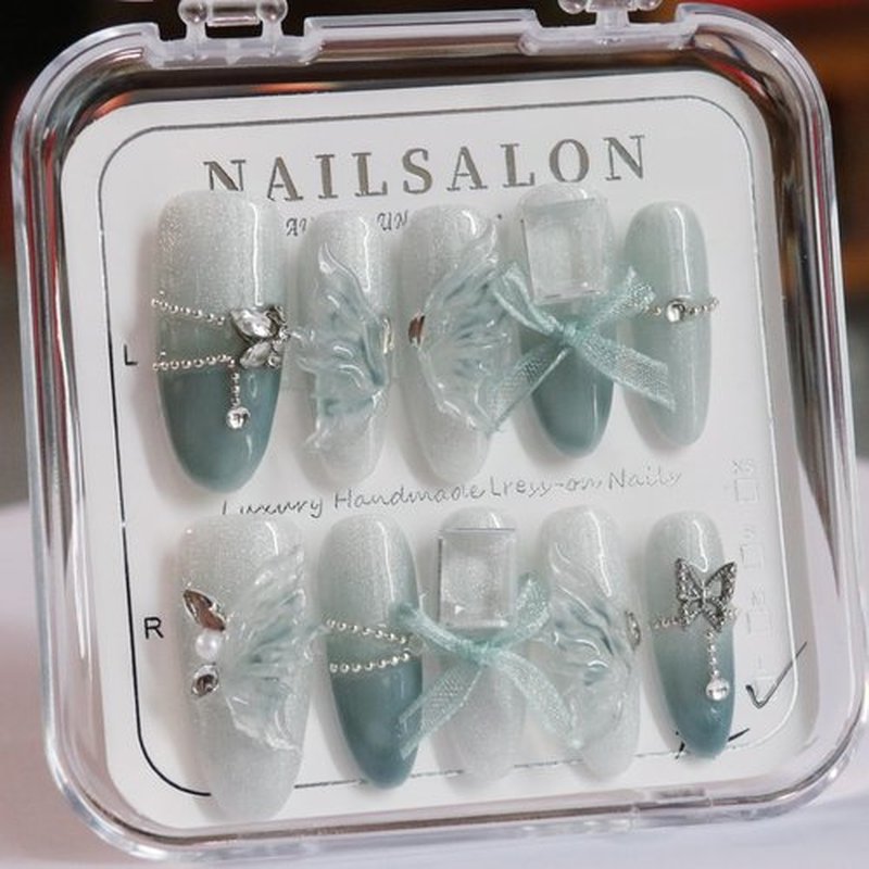 CAMILCY Handmade Nails Press on Almond Nail Long Pointed Light Blue Crystal Bow Design Hand painted Reusable Gel UV Finished Pre shaped False Nails for Women 10pcs 3D Handmade Nails (A018, L)