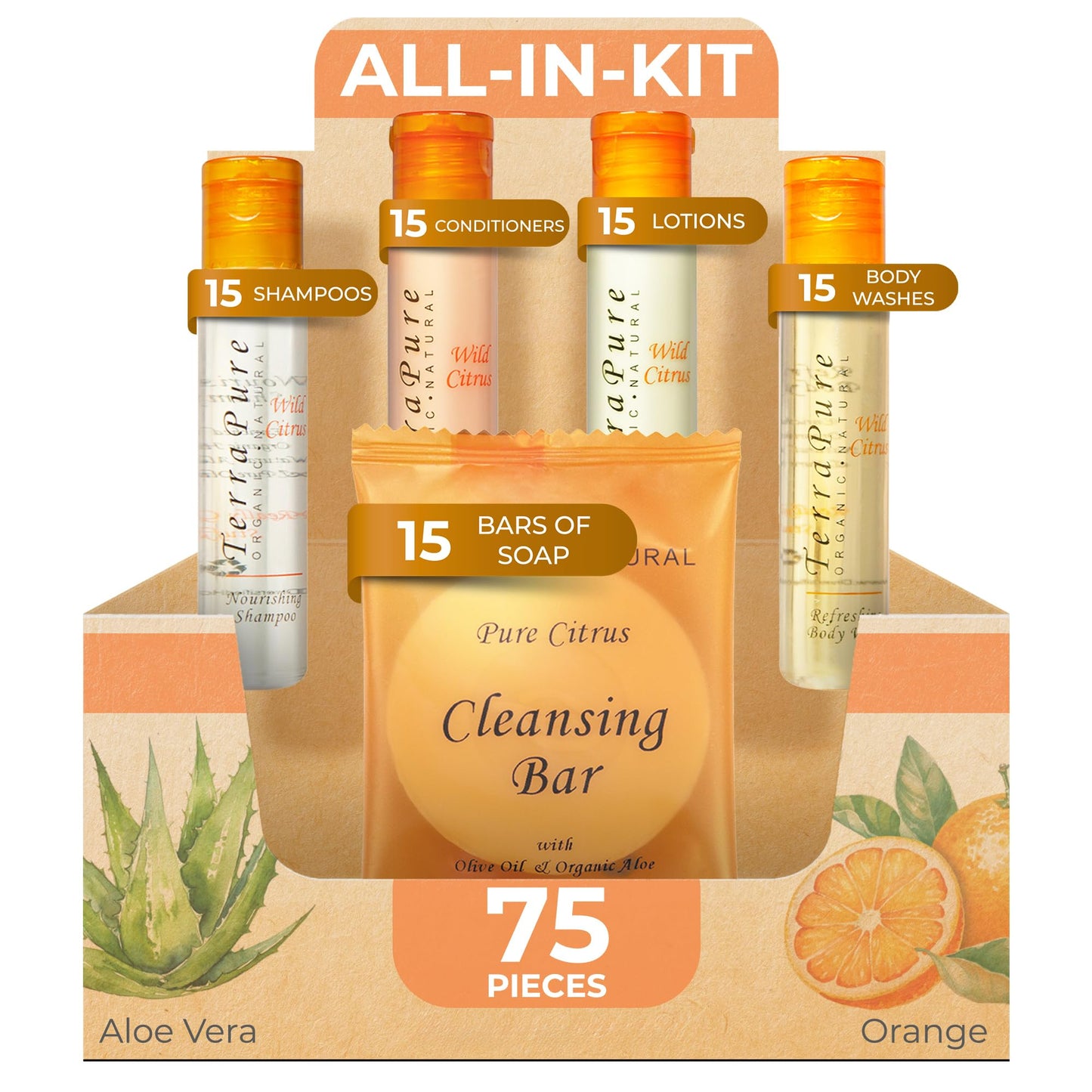 Terra Pure Wild Citrus Hotel Amenities Set | 1-Shoppe Amenities Kit | 1oz Shampoo, Conditioner, Body Wash, Lotion, Bar Soap | Travel Size | 300 Pieces