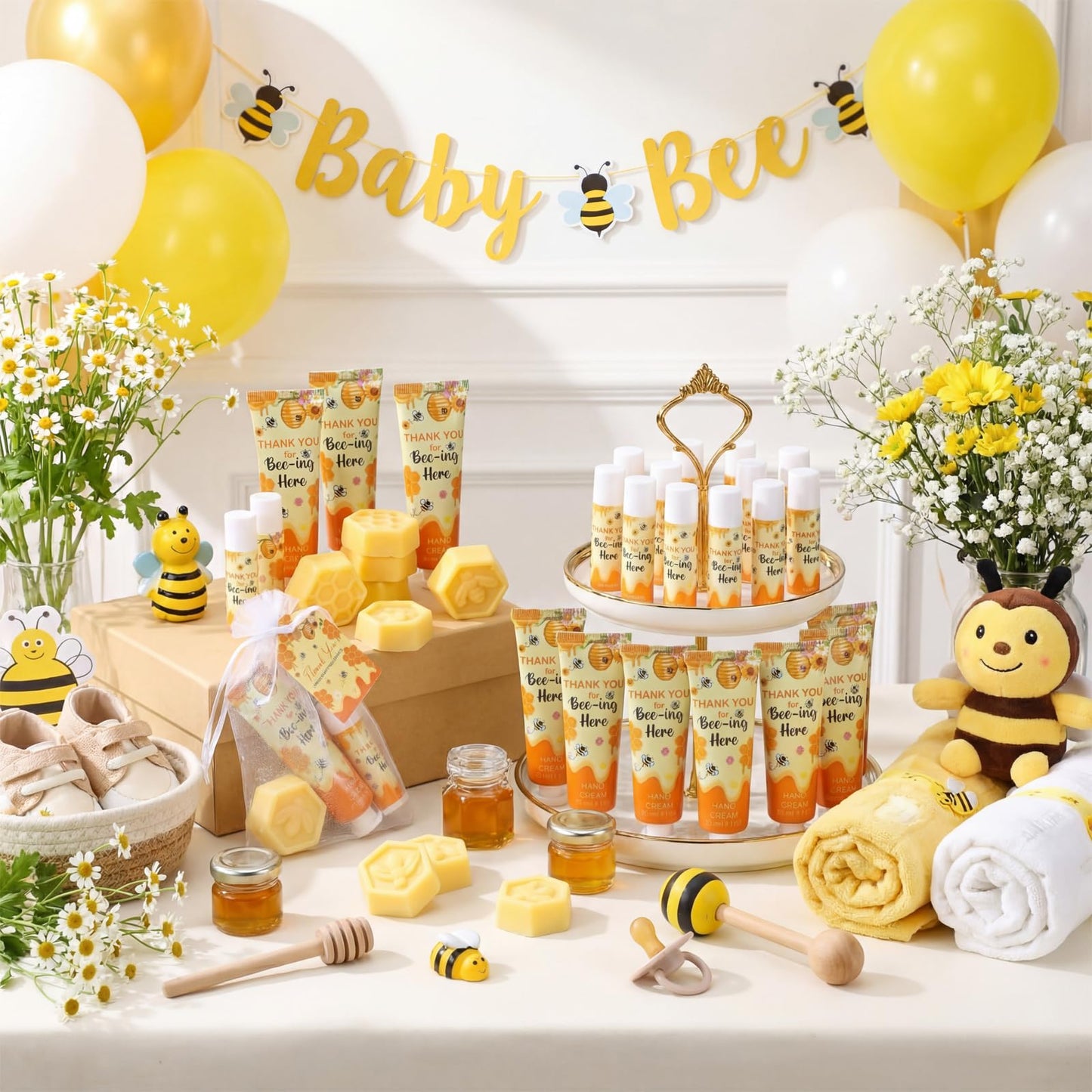 Loopeer 30 Set/150 Pcs Bee Theme Baby Shower Favors for Guests Gifts Hand Cream Lip Balm Soap Party Favors Travel Size with Bags, Thanks You Card for Games Prizes Souvenirs