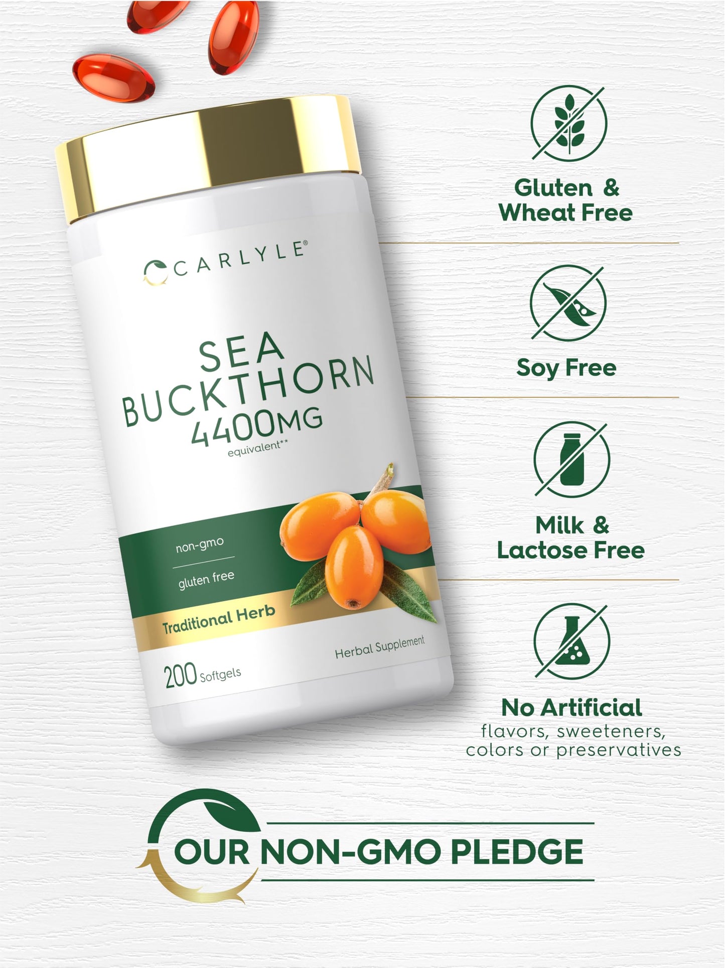 Carlyle Sea Buckthorn Oil Capsules | 200 Softgels | Non-GMO, Gluten Free | Sea Buckthorn Berry Oil Supplement