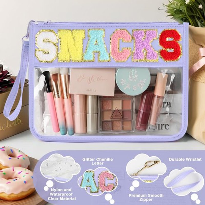 TESAFNG Snack Bag for Travel - Clear Chenille Varsity Letter Flat Pouch with Zipper, Waterproof Clear PVC&PU Preppy Patch Makeup Cosmetic tote Bags for Women Girls (Purple-Snacks)