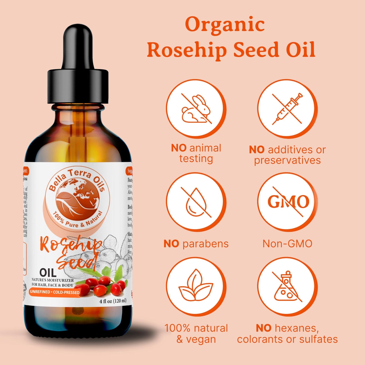 Bella Terra Oils Natural Rosehip Oil for Face, Pure Cold-Pressed Rose Hip Seed Oil for Skin & Hair, Natural Moisturizer & Anti-Aging Facial Oil 16oz