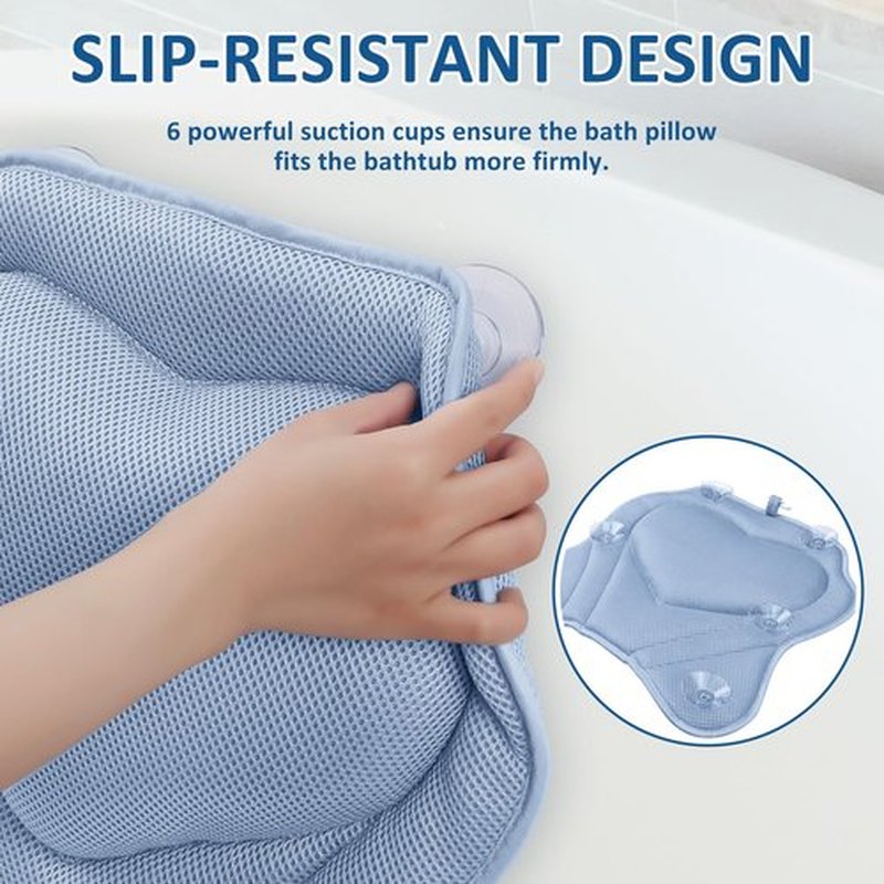LuxStep Bath Pillow-Bathtub Pillow with Air Mesh Fabric & 6 Non-Slip Suction Cups, Bath Pillows for Tub Head, Neck and Back Support, Bath Accessories Spa Gifts, 17 * 17in, Blue
