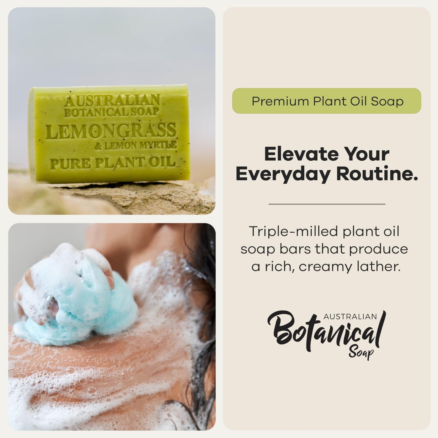 Australian Botanical Soap Lemongrass & Lemon Myrtle – Triple Milled 6.6 oz Bar Soap with Shea Butter, Face Hand & Body Soap Bars, Pack of 4
