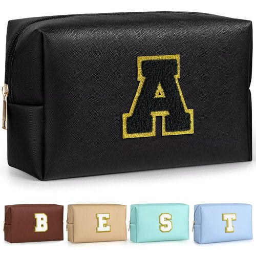 TOPEAST Initial Makeup Bag, Personalized Initial Bags with Zipper, Cute Makeup Pouch, PU Leather Waterproof Cosmetic Bag, Birthday Gift For Women, Preppy Things For Girls (Black A)
