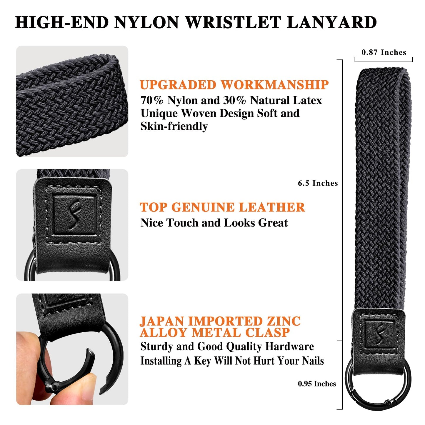 Fishent Stretchy Key Chain, Cute Keychain Wristlet, Upgraded Woven Wrist Lanyard for Keys, Key Chains for Women Men Car Keys ID Badges Card Wallet Phone, Black
