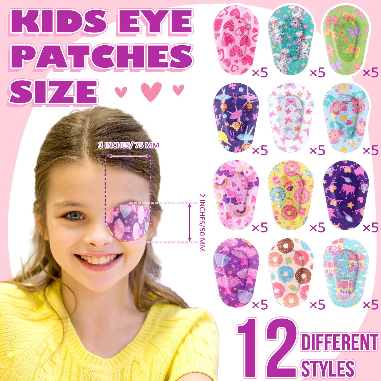 60 Pcs Adhesive Kids Eye Patches for Girls Toddler Eye Patches Bulk Breathable Material, Light Blocking Cotton Colorful and Fun Designs Adhesive Bandages for Girls, 12 Styles